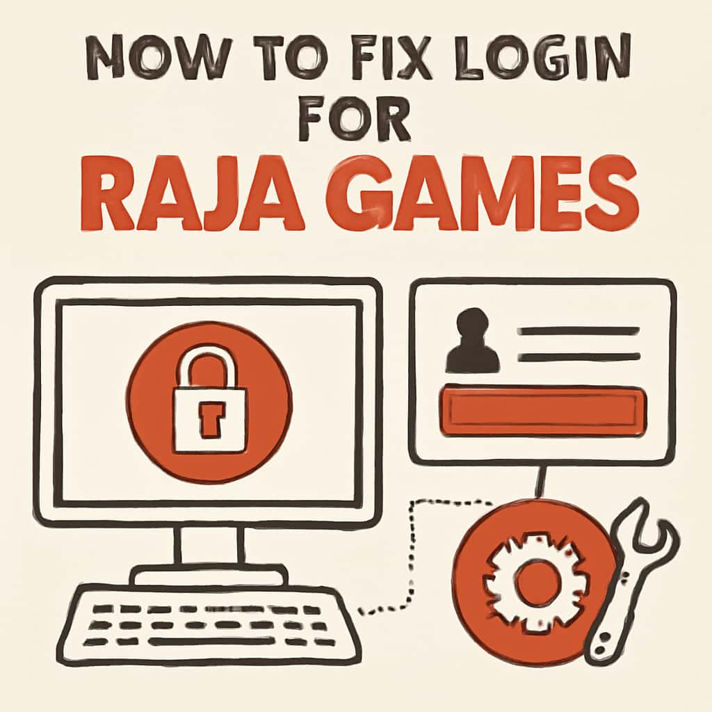 An educational diagram showing steps to troubleshoot login issues for Raja Games.
