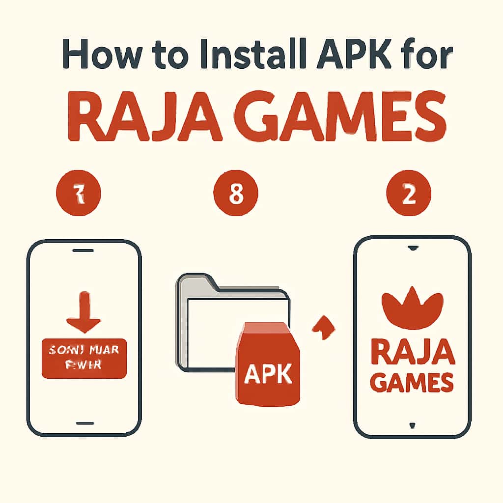 An educational illustration detailing the installation process for Raja Games APK.